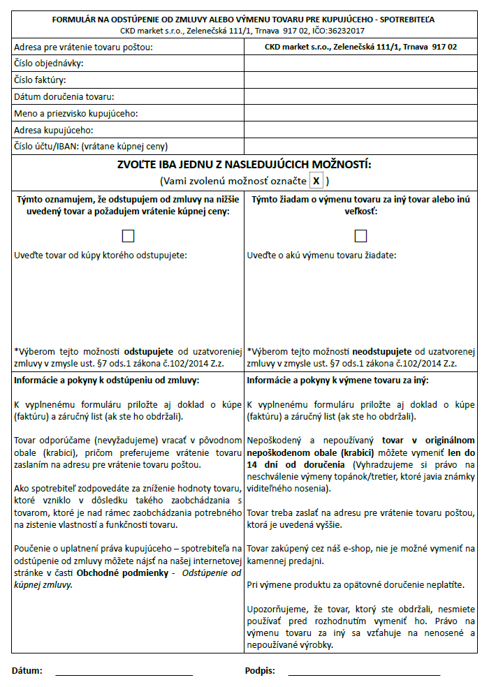Formulár na odstúpenie od zmluvy alebo výmenu tovaru pre kupujúceho - spotrebiteľa