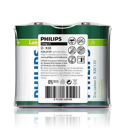 Batéria Philips LONGLIFE R20 1.5V "TRAY"