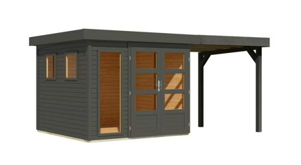 drevený domček KARIBU LAHAR 3,5 + prístavok 240 cm (12486) terragrau LG4422