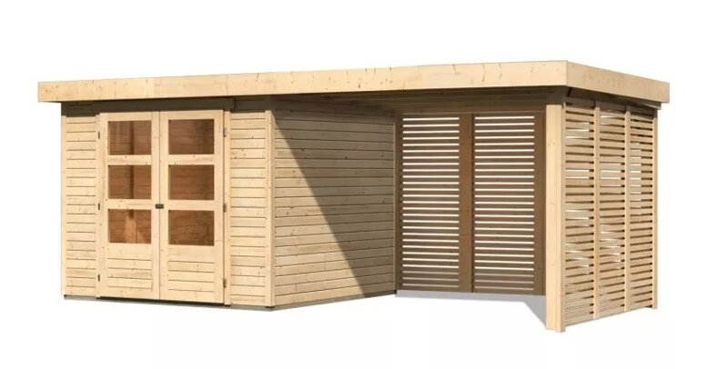 drevený domček KARIBU ASKOLA 3,5 + prístavok 280 cm vrátane zadnej a bočnej steny (9152) natur LG3254
