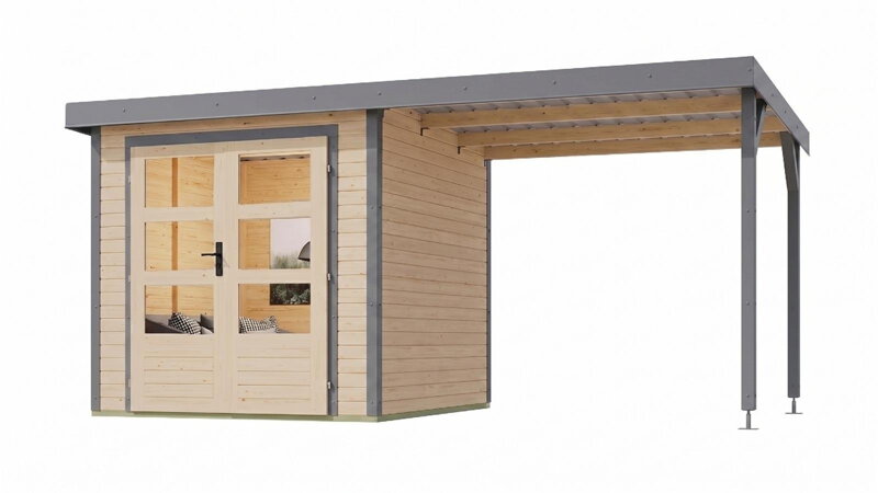 hybridný domček KARIBU JUPITER 3,5A (12372) natur / svetlo sivý + prístavok 219 cm LG4997