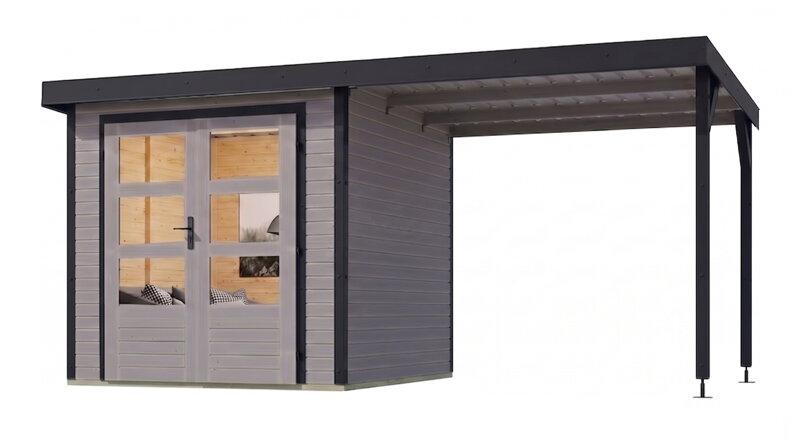 hybridný domček KARIBU JUPITER 3,5D (12383) svetlo sivý / antracit + prístavok 219 cm LG5010
