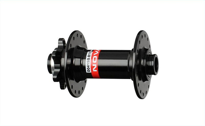Novatec Hub front D041SB-B15 alloy, anodized black, 32H/14G, with Novatec HRWT 360 Degree logo, with ANO.BLK SIDE CAPS, without QR, 2xNBK bearings, OEM Novatec Hub front D041SB-B15 alloy, anodized black, 32H/14G, with Novatec HRWT 360 Degree logo, with ANO.BLK SIDE CAPS, without QR, 2xNBK bearings, OEM